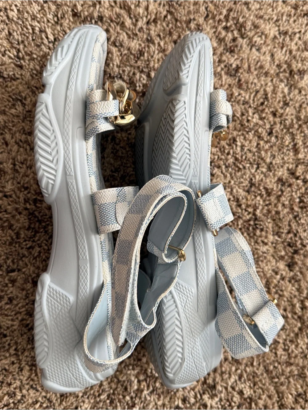 Cape Robbin Light Blue Check Kids Sandals with Gold Chain